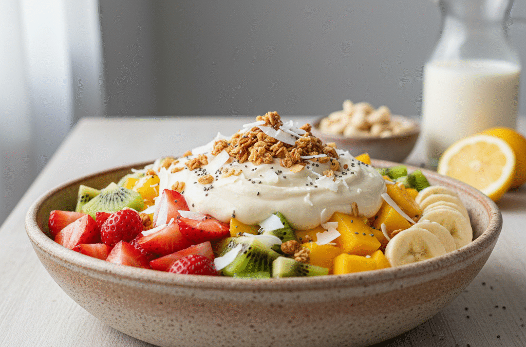 Receta para bowl de frutas con crema vegetal de anacardos